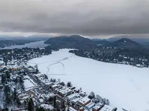Lake Placid Prints: Afternoon winter aerial photo of Mirror Lake in the Village of Lake Placid