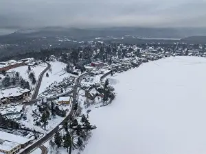Lake Placid Prints: Afternoon winter aerial photo of Mirror Lake in the Village of Lake Placid