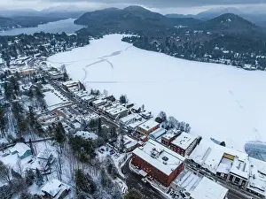 Lake Placid Prints: Afternoon winter aerial photo of Mirror Lake in the Village of Lake Placid