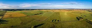 Agricultural Land Prints: Agricultural fields in Australian outback at sunset - aerial panorama