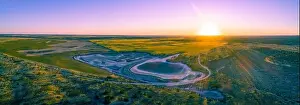 Pink Lake Prints: Agricultural land at sunset in Australia - aerial panoramic landscape