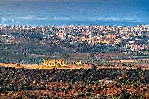 Agrigento, Sicily, Italy cityscape towards the Valley of the Temples and the Mediterranean at dawn