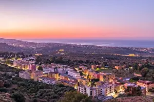Agrigento, Sicily, Italy cityscape towards the Valley of the Temples and the Mediterranean at dawn