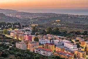 Agrigento, Sicily, Italy cityscape towards the Valley of the Temples and the Mediterrean at dawn