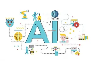 AI (artificial intelligence) word lettering illustration with icons for web banner, flyer, landing page, presentation, book cover, article, etc