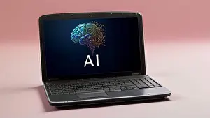 Virtual Reality Prints: AI laptop with brain logo, concept