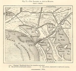 Lagoons Prints: Aigues-Mortes lagoons. Étang Marette Ville Repausset Ponent Gard Sketch map 1885