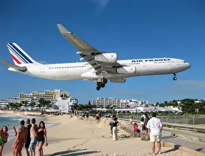 Air France jet landing over Maho Beach, St. Maarten in the Netherlands Antilles