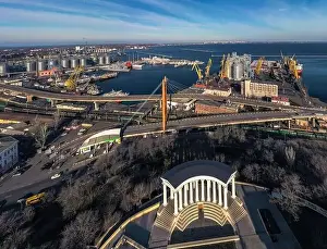 Sea Port Prints: Air panorana of center city landscape with Primorsky Boulevard and sea port in Odessa Ukraine