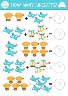 Quiz Prints: How many aircrafts game. Air transportation math addition activity for preschool children
