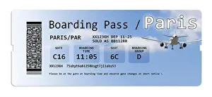 People Traveling Prints: Airline boarding pass tickets to Paris isolated on white