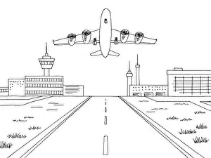 Art Building Prints: Airport exterior plane takes off graphic black white sketch illustration vector