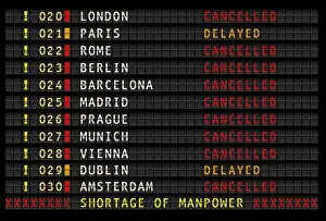 Summer Holidays Prints: airport information displaying cancelled and delayed flights due to shortage of staff vector illustration