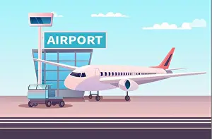 Sky Travel Prints: Airport terminal with aircraft flying plane taking off summer vacation concept horizontal