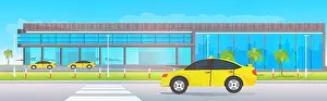 Arrive Prints: airport terminal outside yellow taxi cabs near modern flight departure horizontal vector illustration