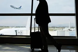 Business Man Prints: Airport, travel and silhouette person walking to airplane
