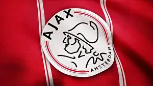 Loop Prints: Ajax FC flag is waving. Close-up of waving flag with AFC Ajax football club logo