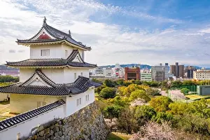 Cherry Trees Prints: Akashi, Hyogo, Japan castle tower and downtown cityscape with cherry blossoms in spring