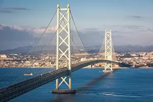 Akashi Kaikyo Bridge spanning the Seto Inland Sea from Kobe, Japan