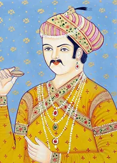 1500s Prints: Akbar Mughal Emperor Akbar the Great miniature painting Abu'l-Fath Jalal-ud-din Muhammad Akbar India