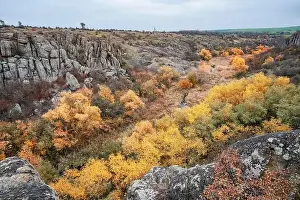 Rock Mountain Prints: Aktovsky Canyon, Ukraine. Autumn trees and large stone boulders around
