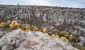 Aktovsky Canyon, Ukraine. Autumn trees and large stone boulders around