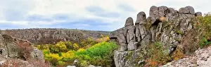 Mertvovod Prints: Aktovsky Canyon, Ukraine. Autumn trees and large stone boulders around