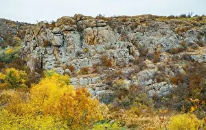 Mertvovod Prints: Aktovsky Canyon, Ukraine. Autumn trees and large stone boulders around