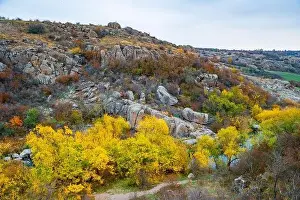 Mertvovod Prints: Aktovsky Canyon, Ukraine. Autumn trees and large stone boulders around