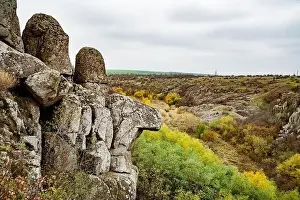 Flows Prints: Aktovsky Canyon, Ukraine. Autumn trees and large stone boulders around