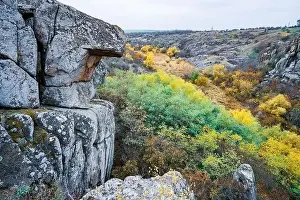 Flows Prints: Aktovsky Canyon, Ukraine. Autumn trees and large stone boulders around