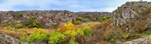 Flows Prints: Aktovsky Canyon, Ukraine. Autumn trees and large stone boulders around