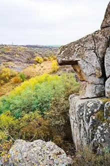 Flows Prints: Aktovsky Canyon, Ukraine. Autumn trees and large stone boulders around