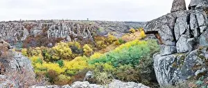 Aktovsky Canyon, Ukraine. Autumn trees and large stone boulders around