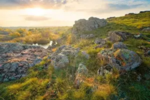 Flows Prints: Aktovsky Canyon, Ukraine. Autumn trees and large stone boulders around