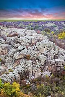 Flows Prints: Aktovsky Canyon, Ukraine. Autumn trees and large stone boulders around
