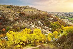 Flows Prints: Aktovsky Canyon, Ukraine. Autumn trees and large stone boulders around