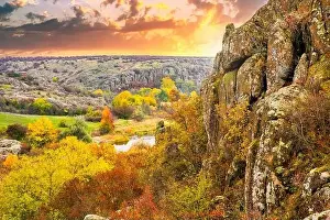 Flows Prints: Aktovsky Canyon in Ukraine surrounded large stone boulders