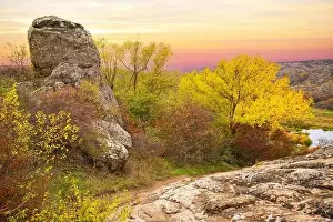 Flows Prints: Aktovsky Canyon in Ukraine surrounded large stone boulders
