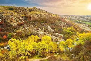 Flows Prints: Aktovsky Canyon in Ukraine surrounded large stone boulders