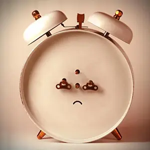 Alarm Clock Prints: Back of an alarm clock in the shape of a frowning face