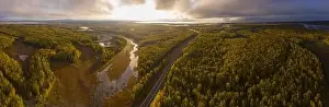 Alaska Route 3 aka George Parks Highway and Alaska landscape aerial view in fall with the morning sun light