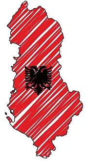 Bulgarian Prints: Albania map hand drawn sketch. Vector concept illustration flag