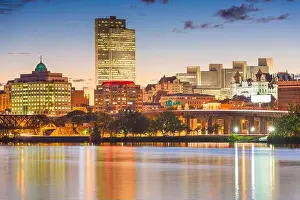 Albany, New York, USA skyline on the Hudson River at sunset