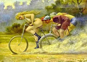 Gallery Prints: Albert Joseph Penot - Frenetic Bicycle Race - 1910 - Dynamic scene of two male cyclists in pursuit of woman cyclist