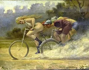 Race Prints: Albert Joseph Penot's 1910 painting Frenetic Bicycle Race captures two cyclists racing after a woman