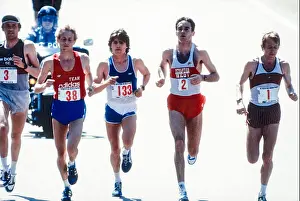 Action Prints: Alberto Salazar (USA) #2, Bill Rodgers (USA) #1 competing at the 1982 Boston Marathon Boston Marathon