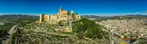 Moorish Prints: Alcala la Real aerial panorama view of the medieval ruined hilltop fortress from the Arab times in Andalucia Spain near