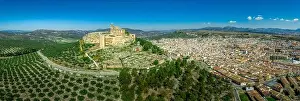 Alcala la Real aerial panorama view of the medieval ruined hilltop fortress from the Arab times in Andalucia Spain near