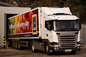 Dundee Prints: Aldi articulated Lorry delivering products to their Aldi Retail Store at 'The Stack Leisure Park' in Dundee